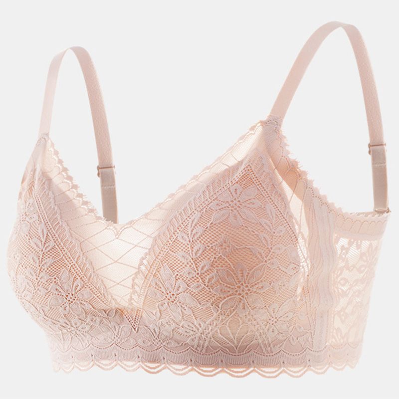 New spring and summer styles of breathable and comfortable women's seamless lace bras with a French sexy style, suitable for large breasts to create a slimming effect, wire-free and with thin cups.