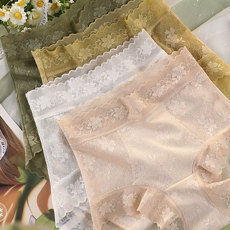 5pcs Women's lace mid-high waist, women's underwear with camellia fragrance, 10A antibacterial mulberry silk, extended crotch, and lightweight.