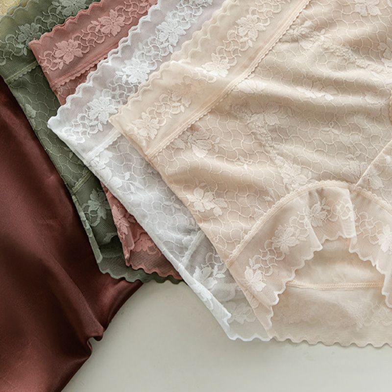5pcs Women's lace mid-high waist, women's underwear with camellia fragrance, 10A antibacterial mulberry silk, extended crotch, and lightweight.