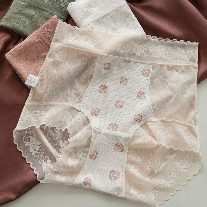 5pcs Women's lace mid-high waist, women's underwear with camellia fragrance, 10A antibacterial mulberry silk, extended crotch, and lightweight.