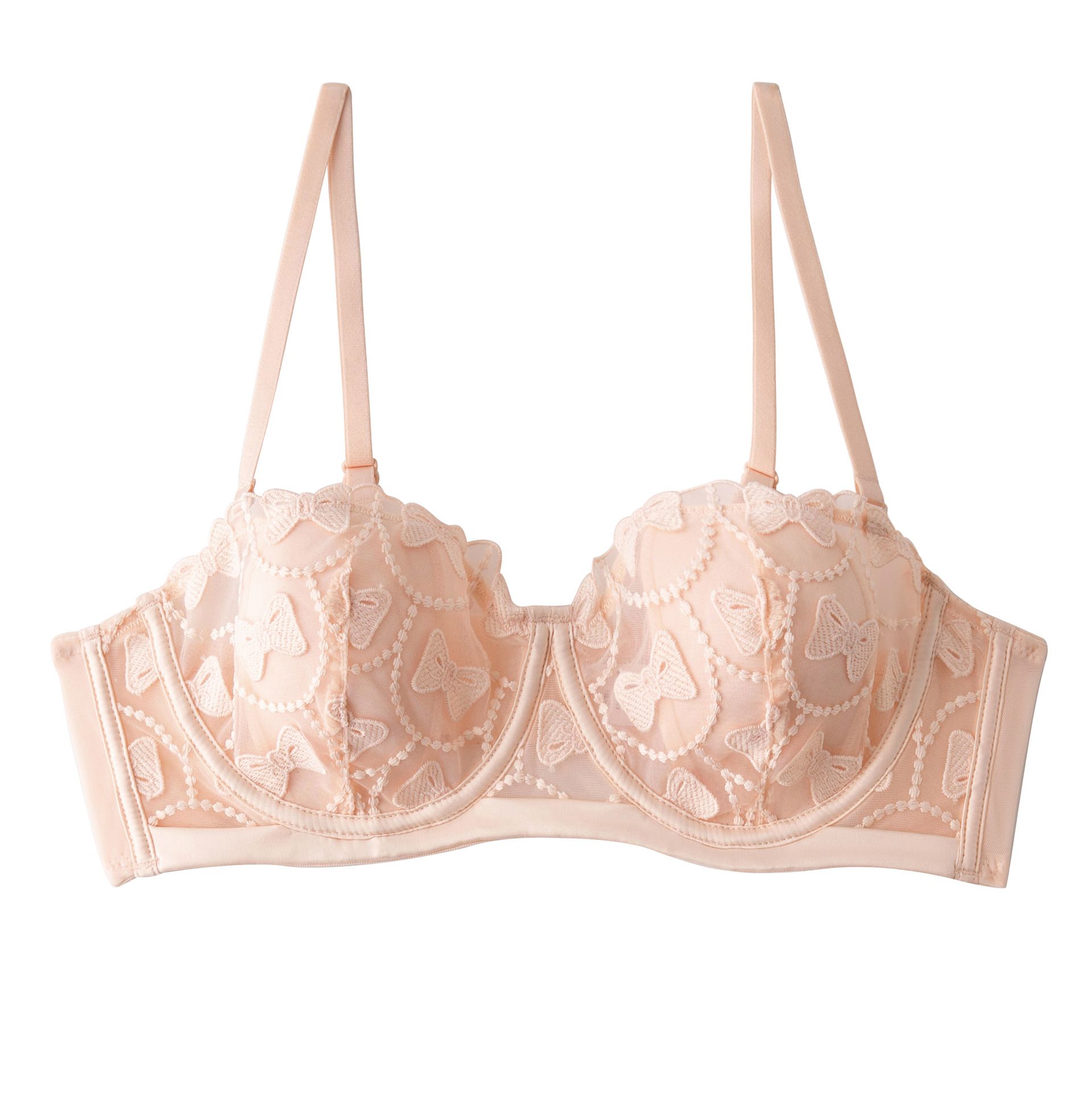French Romance Lace Bra - Underwire 1/2 Cup with Feather-Light Pads Detachable Straps (Nylon+Spandex)  85% Polyester, Blush/White/Onyx, 32B-38D, All-Season Allure