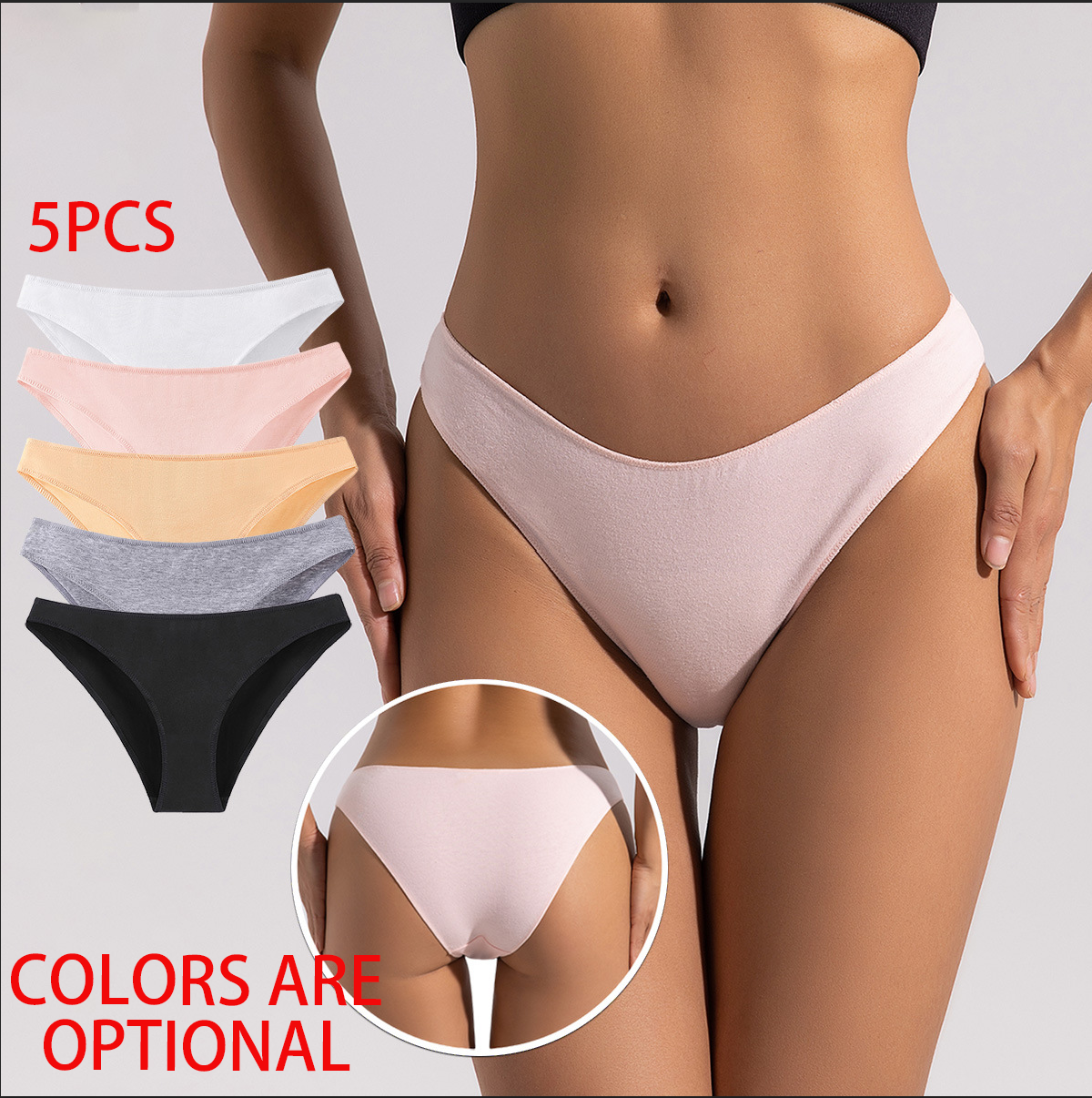 5 PCS Pure Cotton Low Rise Panties Plus Size Semi-Cheeky Underwear for Women Cotton Gusset Comfort Waistband Girly Colors