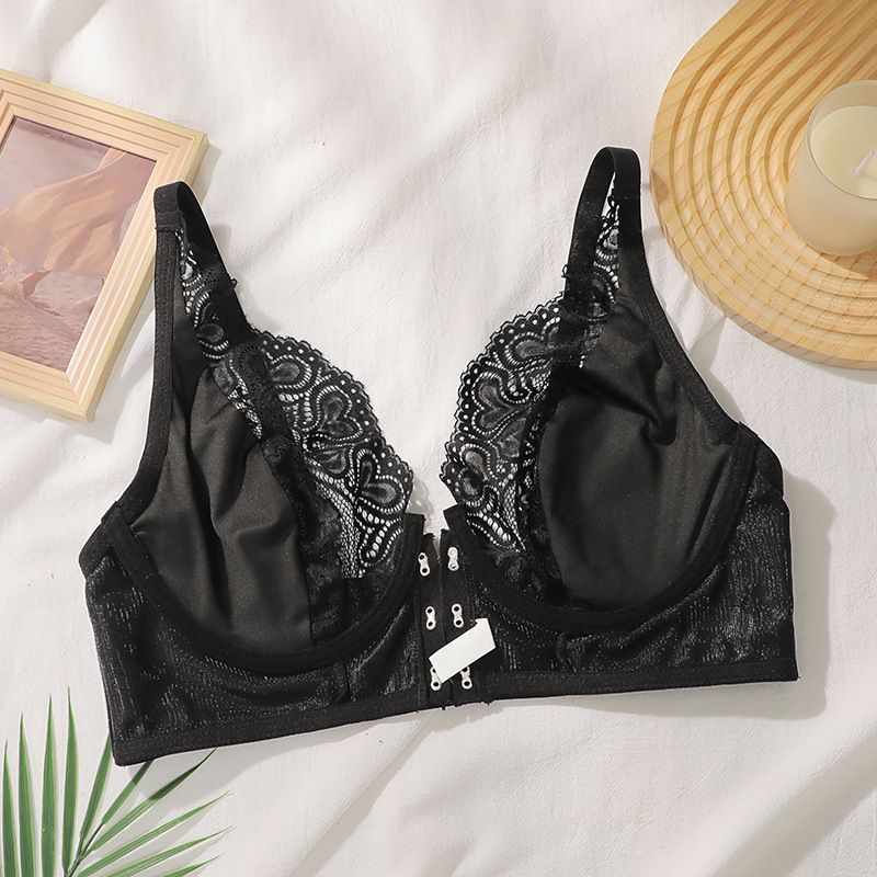 Women large size front button bras for big breasts, reducing the appearance of size, preventing sagging, providing support, breathable, with lace, and large cup sizes.