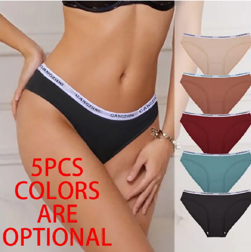 5PCS Women's Solid-color Briefs with Letter-pattern Waistband Comfortable Ribbed Knit