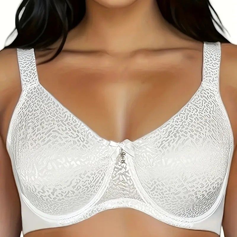 Plus Size White Leopard Print Lace Bra - Comfortable Underwire Full Coverage Bralette, Breathable Everyday T-Shirt Bra for Women (Sizes XL-4XL)