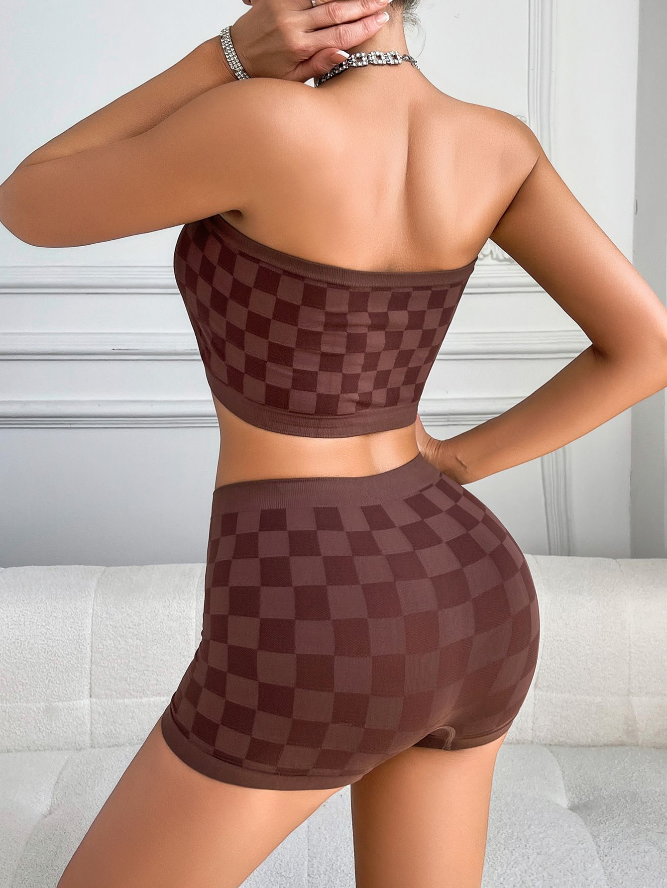 Plaid Bandeau Bra & Boyshort Set comfort Style Breathable Lingerie for Women, Lightweight Bralette and Underwear Combo