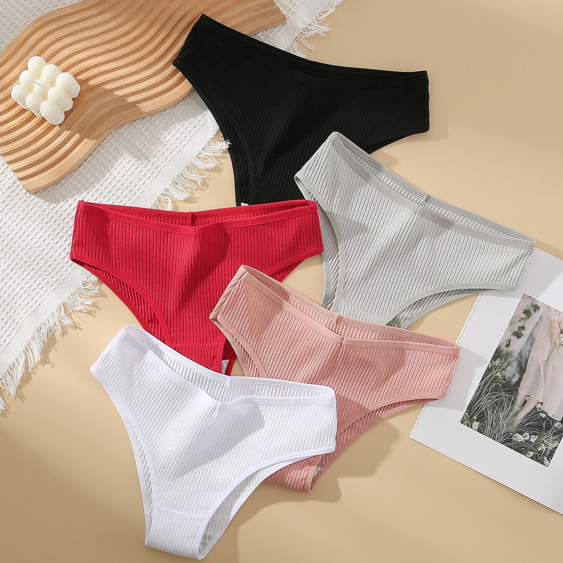 5PCS Women's New Comfortable Mid - Waist Pure Color Cotton Crotch Breathable Triangle Panties for All Seasons