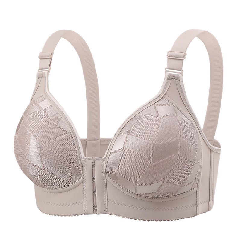 Luxe Jacquard Nylon Bra - 3/4 Cup with Airy Thin Pads  Lift & Side Taming, Front Clasp  Tie-Up Straps, Wine Red/Milk Gray, 36/80-46/105