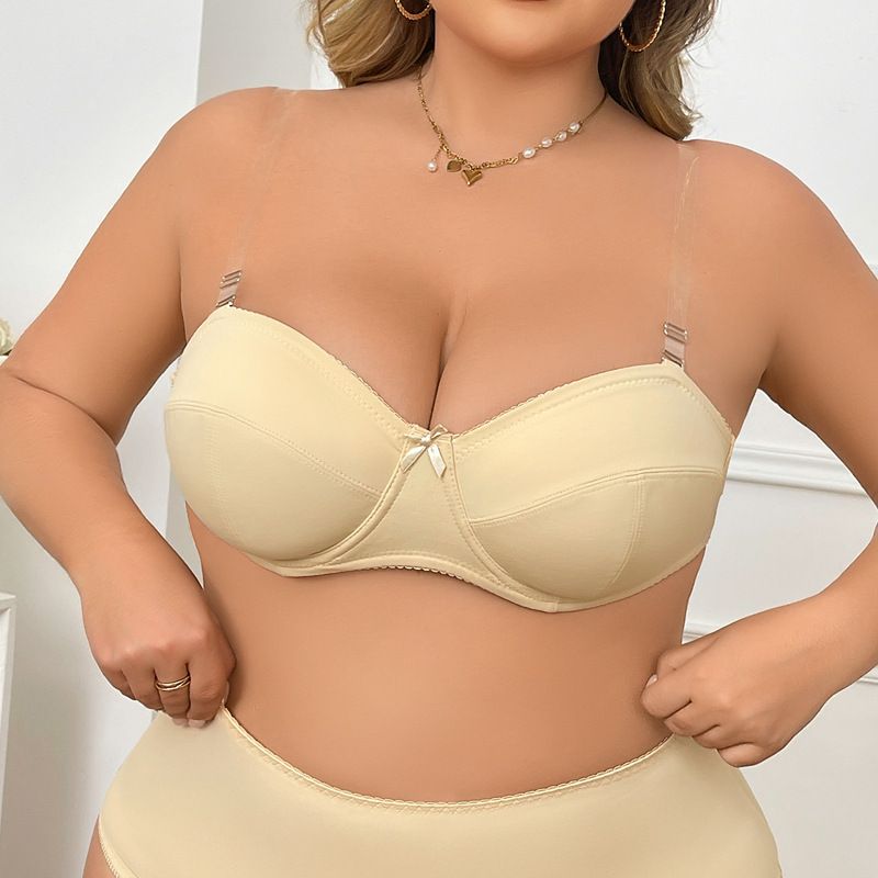 Women's Plus Size Bra with Clear Straps Ultra - Thin Invisible Off - Shoulder Backless Underwired CD Half Cup Bra