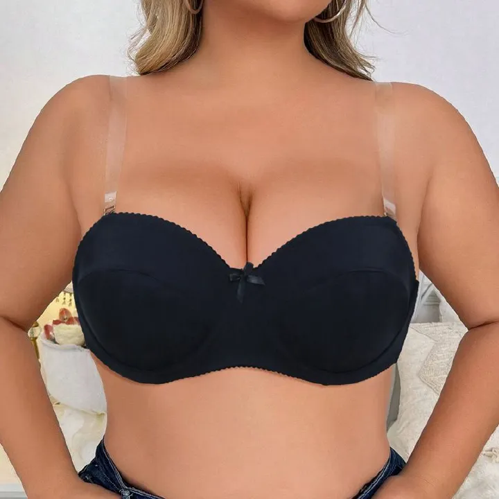 Women's Plus Size Bra with Clear Straps Ultra - Thin Invisible Off - Shoulder Backless Underwired CD Half Cup Bra