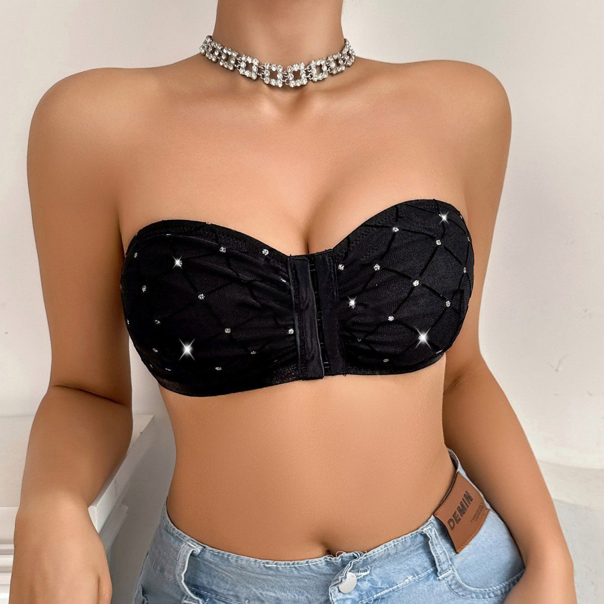 Hot-selling starlight mesh front-button tube top with glue-drop anti-slip strap and front-button strapless bra
