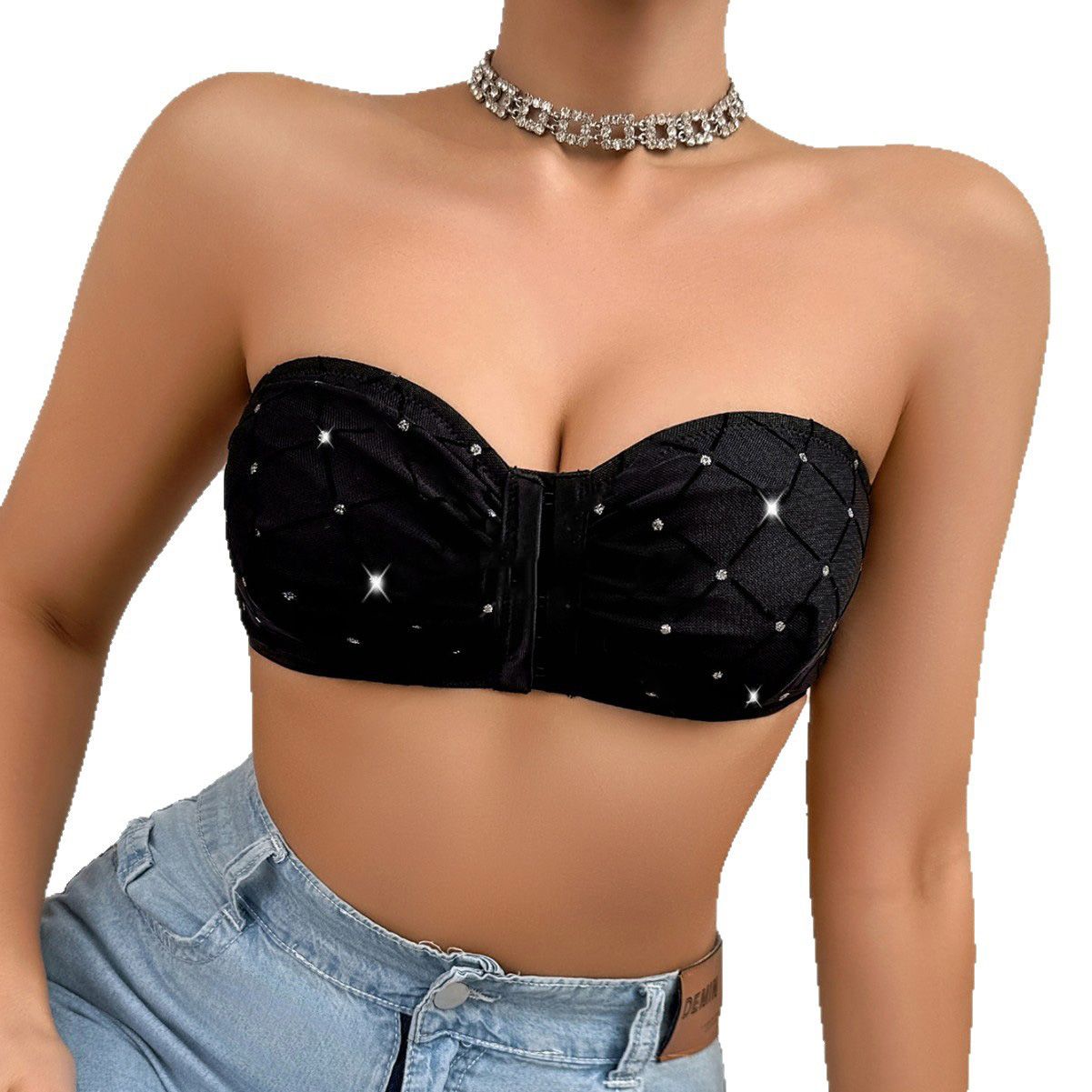 Hot-selling starlight mesh front-button tube top with glue-drop anti-slip strap and front-button strapless bra