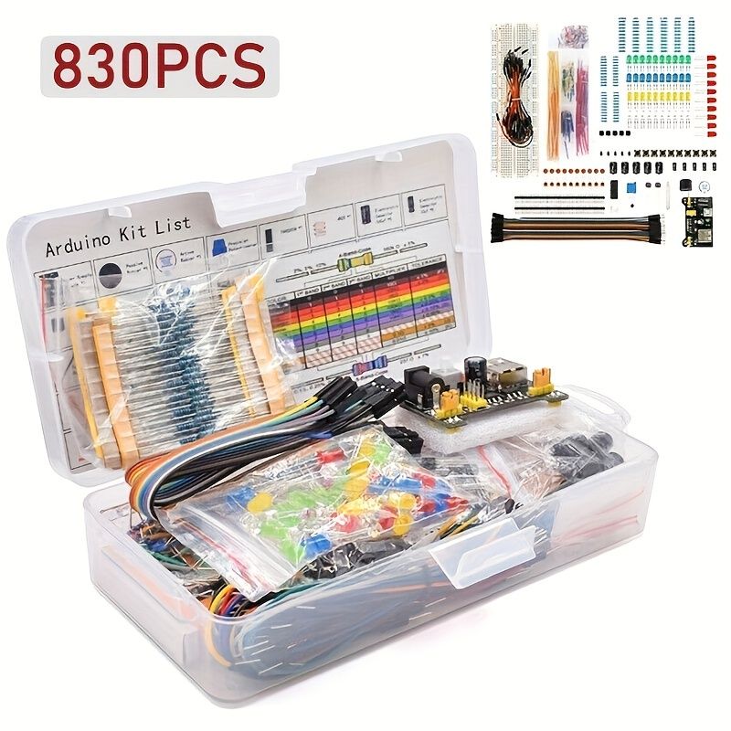 830Pcs/Box DIY Project Starter Kit for Arduino UNO R3 Kit Electronic DIY Component Set With Tie-points Breadboard Resistor Compatible with Arduino, Raspberry Pi