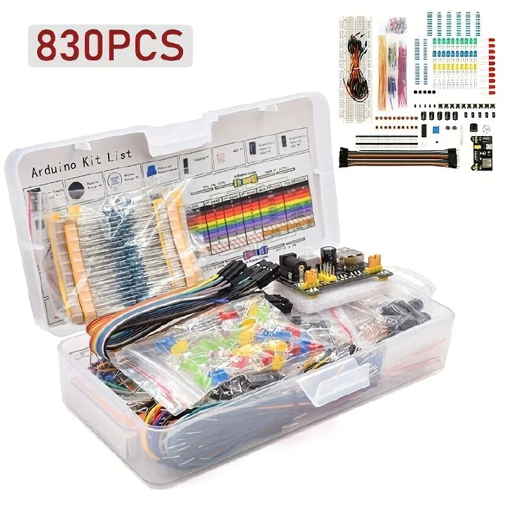 830Pcs/Box DIY Project Starter Kit for Arduino UNO R3 Kit Electronic DIY Component Set With Tie-points Breadboard Resistor Compatible with Arduino, Raspberry Pi