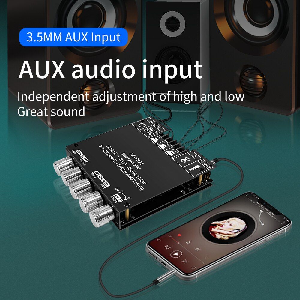 ZK-TB21 Bluetooth 5.0 Subwoofer Digital Amplifier Board 50W*2+100W 2.1 Channel Power Audio Stereo Bass AMP TPA3116D2 HIFI High Fidelity Subwoofer