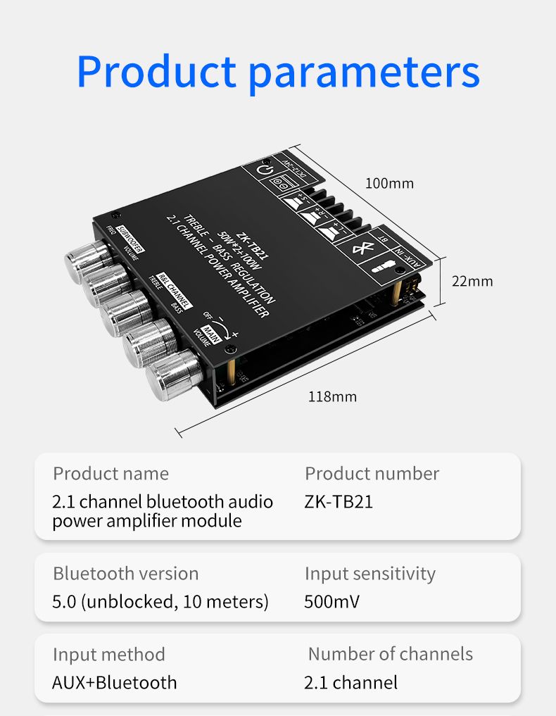 ZK-TB21 Bluetooth 5.0 Subwoofer Digital Amplifier Board 50W*2+100W 2.1 Channel Power Audio Stereo Bass AMP TPA3116D2 HIFI High Fidelity Subwoofer