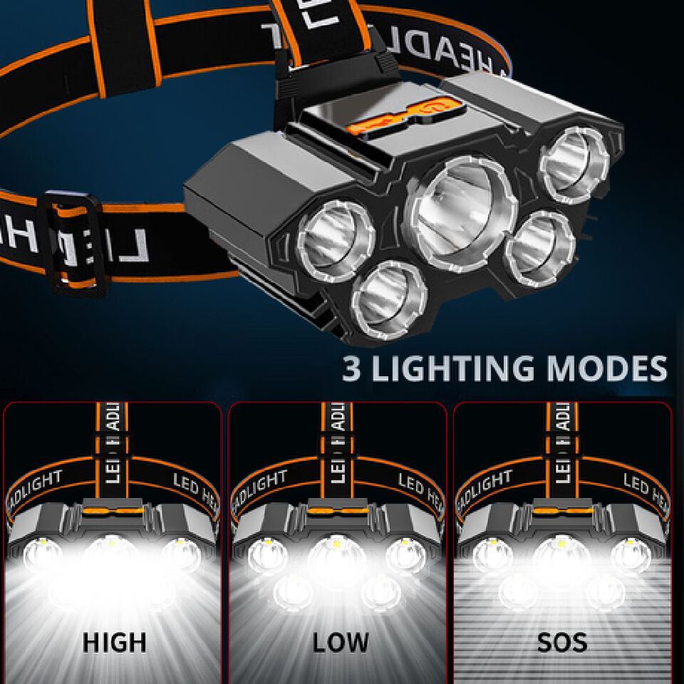 1pc LED Headlamp, Rechargeable, Bright and Powerful with 5 LEDs, Portable Headlight for Outdoor Camping Emergency Lighting, Fishing Work Light