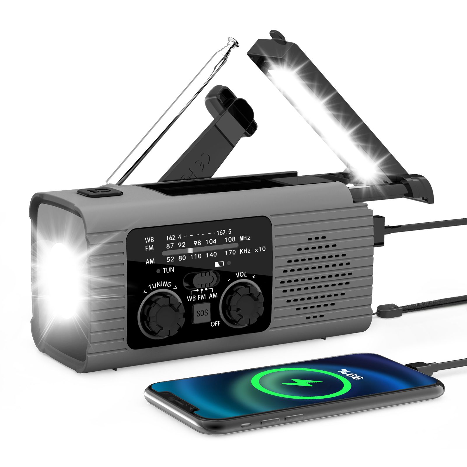 3-in-1 Portable Emergency Radio: Solar + Hand-Crank Charging, Built-in Flashlight & Stereo Sound for Home & Camping