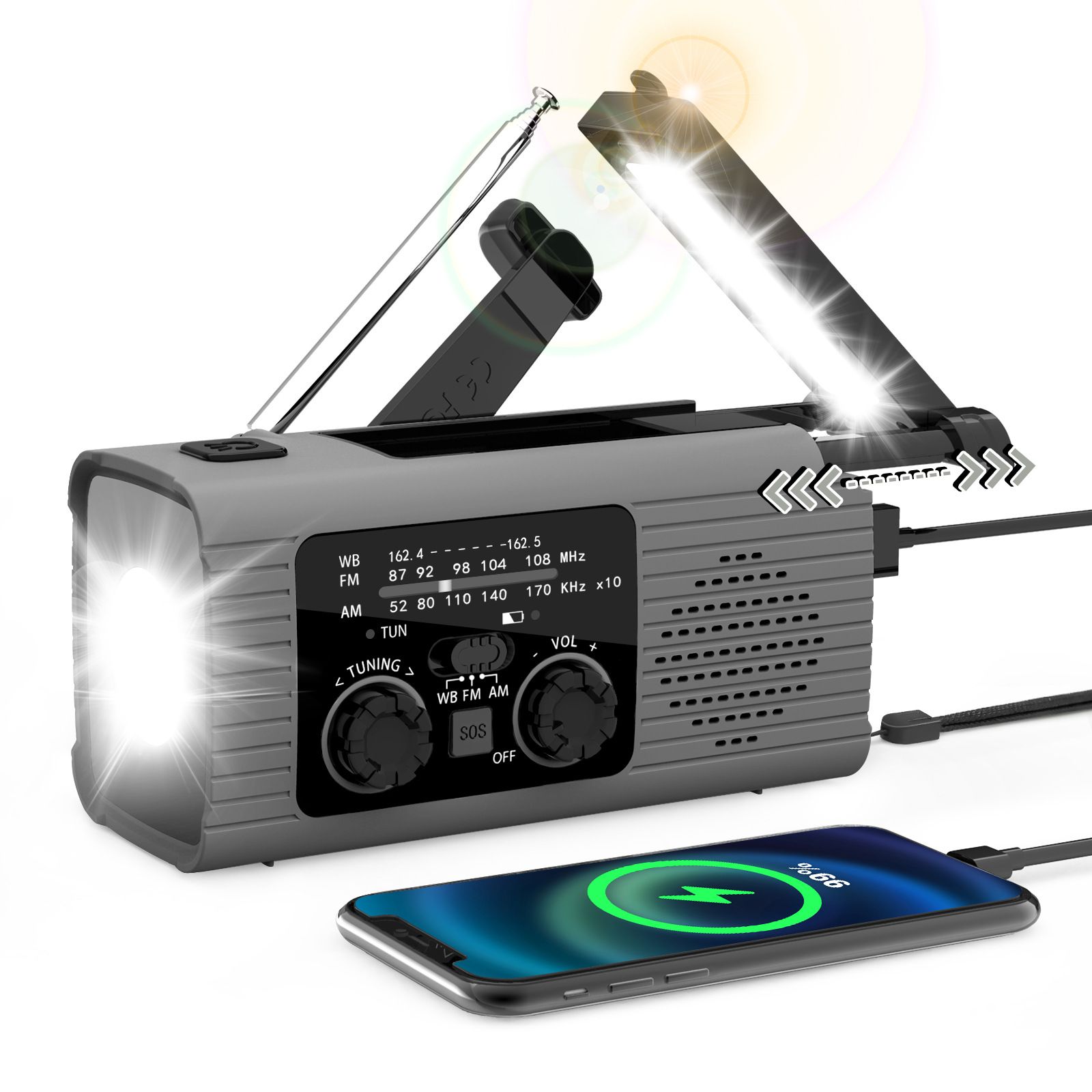 3-in-1 Portable Emergency Radio: Solar + Hand-Crank Charging, Built-in Flashlight & Stereo Sound for Home & Camping