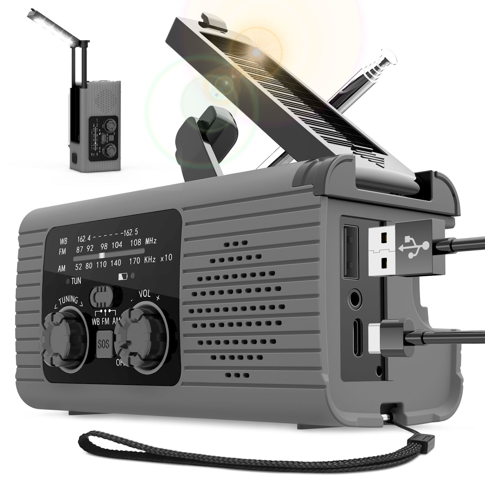 3-in-1 Portable Emergency Radio: Solar + Hand-Crank Charging, Built-in Flashlight & Stereo Sound for Home & Camping