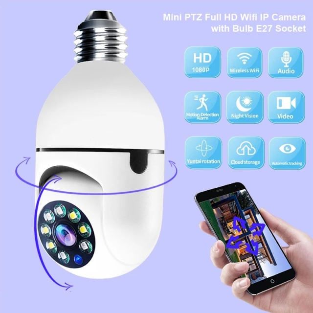 D 1080P 360° Rotate Auto Tracking Panoramic Camera Light Bulb Wireless Wifi PTZ IP Camera Remote Viewing Security Surveillance White 18.5*10*8cm