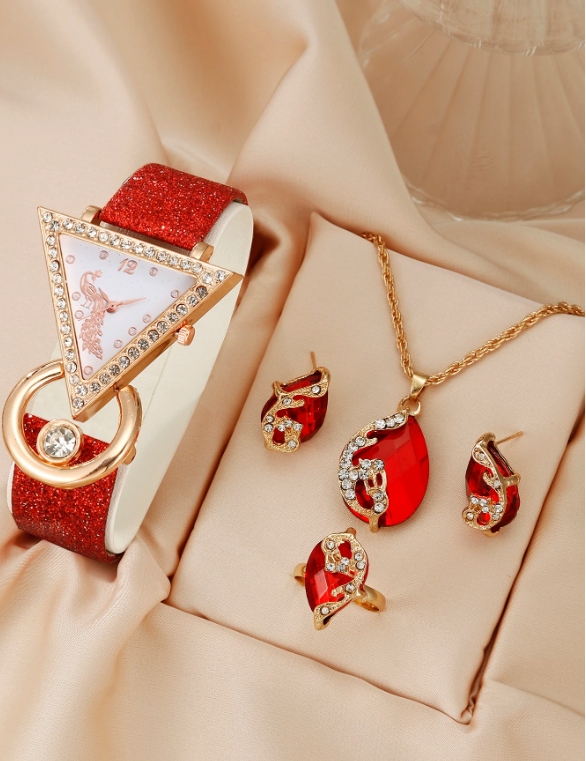 Luxury women's rhinestone quartz belt watch+jewelry set