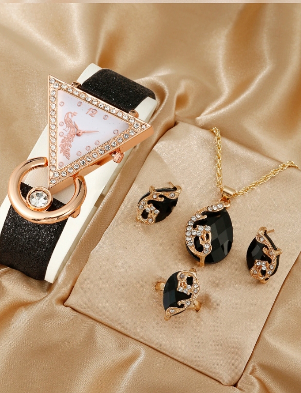 Luxury women's rhinestone quartz belt watch+jewelry set
