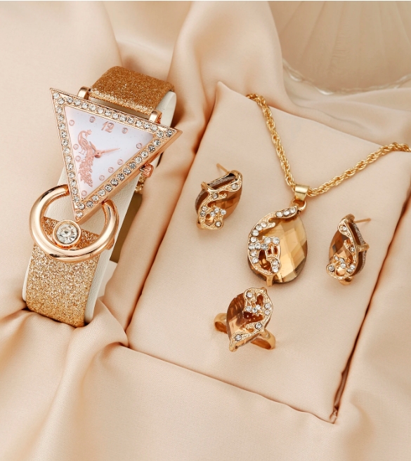 Luxury women's rhinestone quartz belt watch+jewelry set