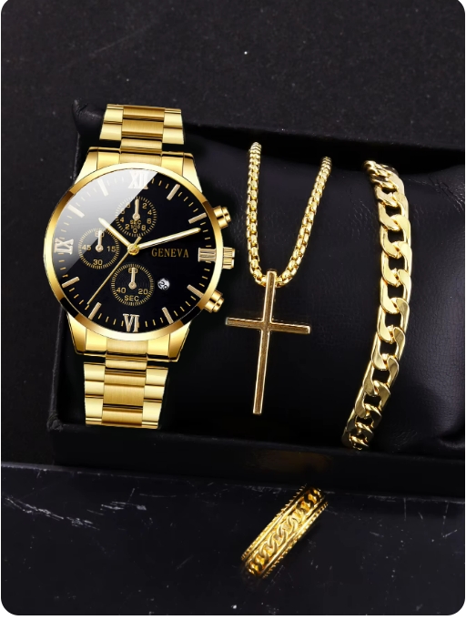 4pcs gold alloy Roman with calendar men's quartz watch and cross necklace bracelet ring set selected gift