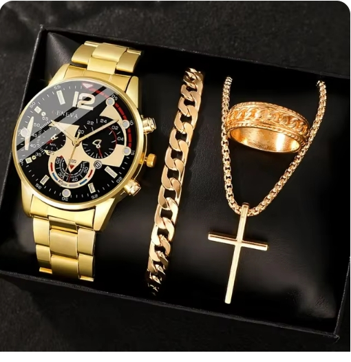 4pcs gold alloy Roman with calendar men's quartz watch and cross necklace bracelet ring set selected gift