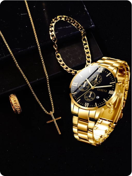 4pcs gold alloy Roman with calendar men's quartz watch and cross necklace bracelet ring set selected gift