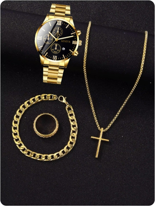 4pcs gold alloy Roman with calendar men's quartz watch and cross necklace bracelet ring set selected gift