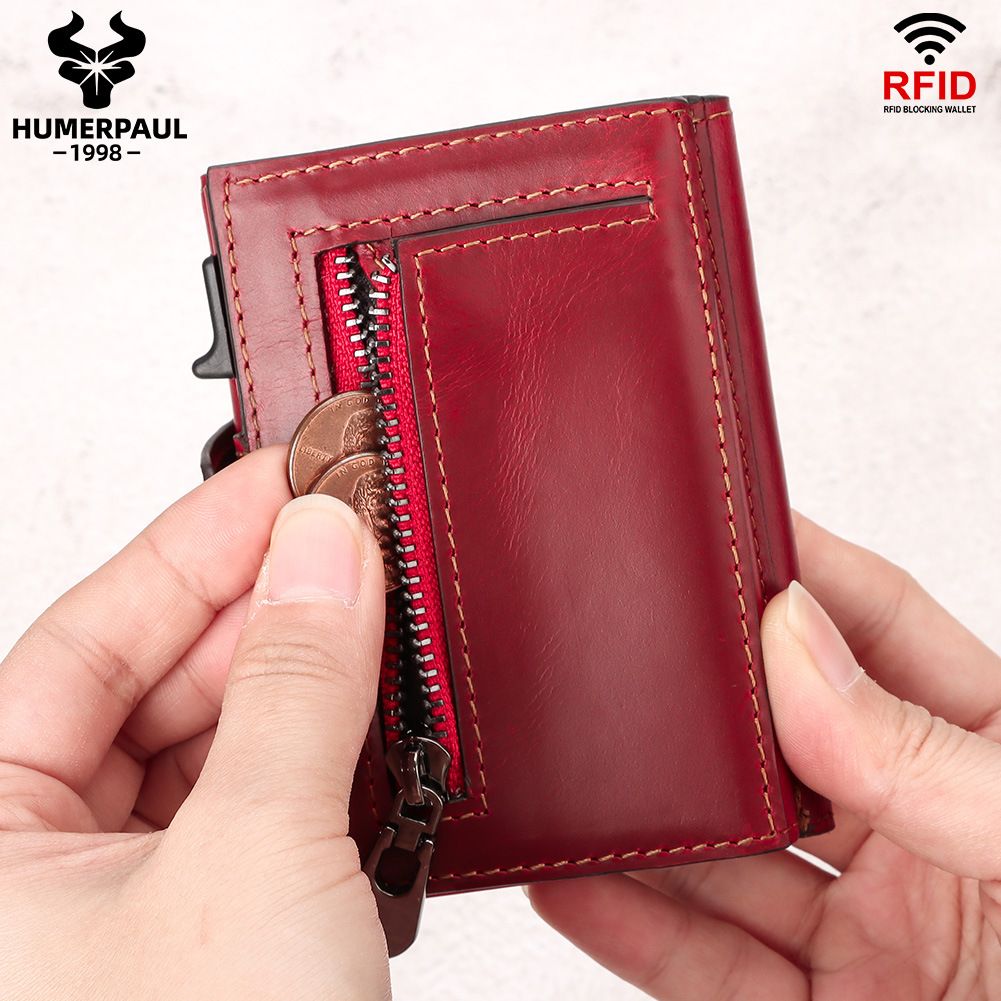 New Automatic Card Holder Genuine Leather Women's Wallet RFID Blocking Credit Cardholder Fashion Money Clips with Zipper Pocket