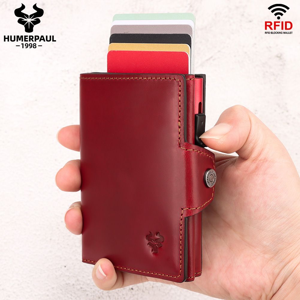 New Automatic Card Holder Genuine Leather Women's Wallet RFID Blocking Credit Cardholder Fashion Money Clips with Zipper Pocket