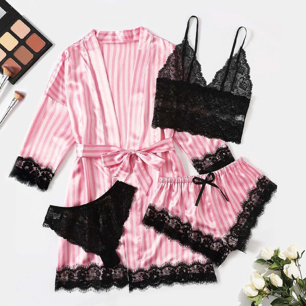 Women's Summer Fashion And Comfortable Nightwear Lace Satin With Silk Sleepwear Robe Sexy Pajama Pants Home Clothes