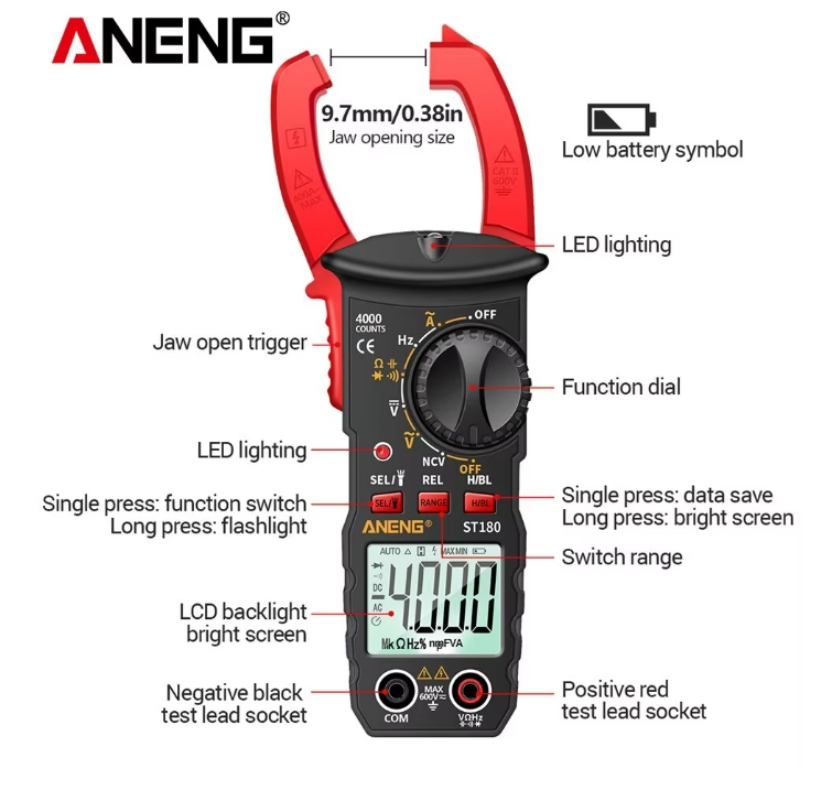 ANENG ST180 Smart Clamp Multimeter 600V Meter AC/DC Voltage Tester Ammeter Pliers Test Voltmeter Capacitance Ohm Current Tools