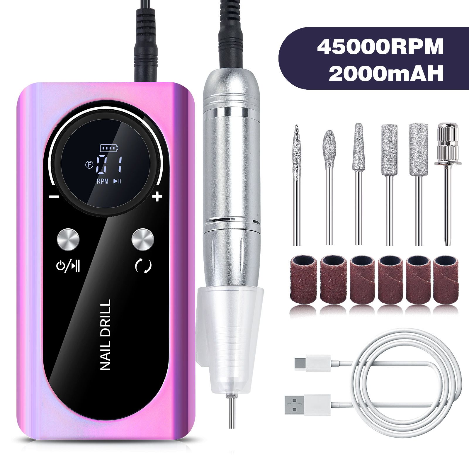 45000RPM Rechargeable Nail Drill Machine With LCD Display Low Noise Professional Nail Polish Sander for Manicure Nail Equipment