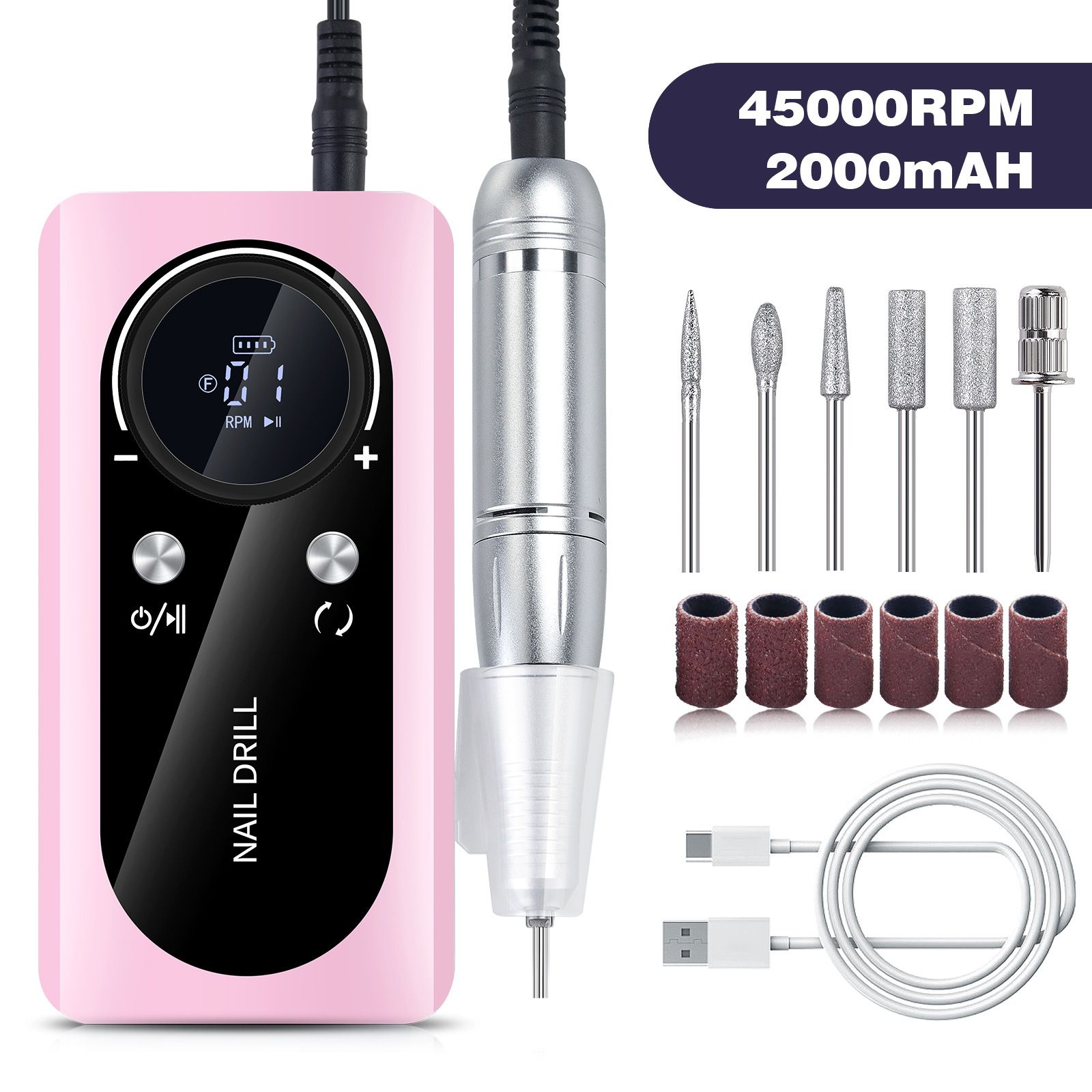 45000RPM Rechargeable Nail Drill Machine With LCD Display Low Noise Professional Nail Polish Sander for Manicure Nail Equipment