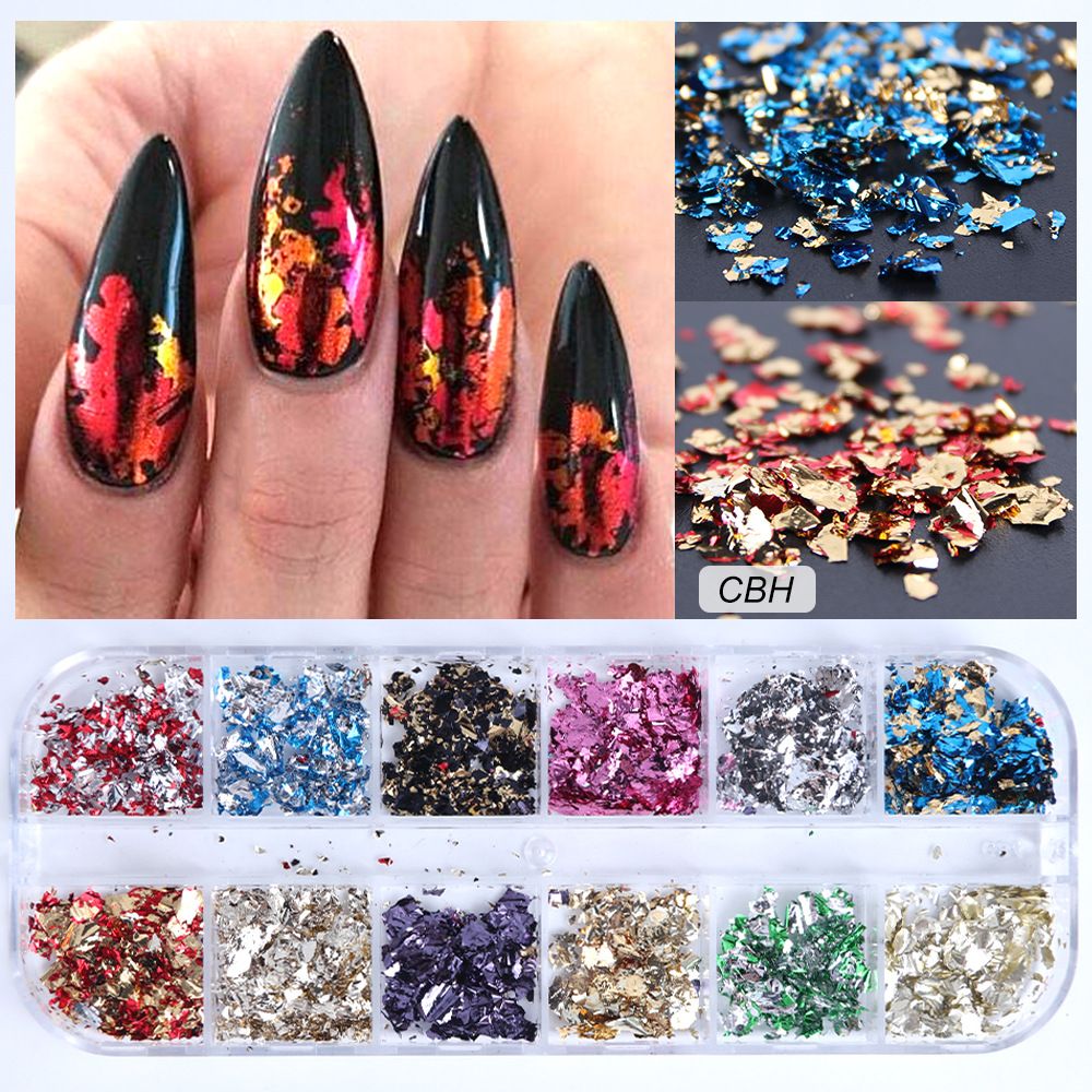 12 Color Foils Gorgeous Nails Glitter Aluminum Flakes Chip Nail Design Shiny Kismis Nail Art Decoration, 1 Box