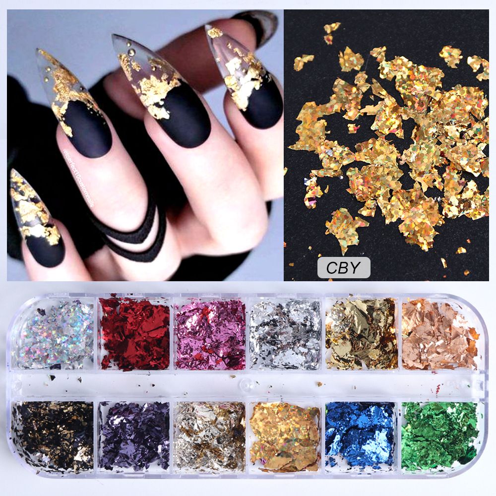 12 Color Foils Gorgeous Nails Glitter Aluminum Flakes Chip Nail Design Shiny Kismis Nail Art Decoration, 1 Box