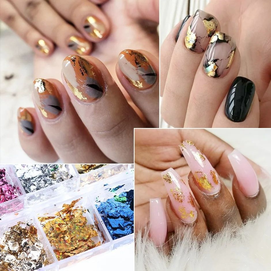 12 Color Foils Gorgeous Nails Glitter Aluminum Flakes Chip Nail Design Shiny Kismis Nail Art Decoration, 1 Box