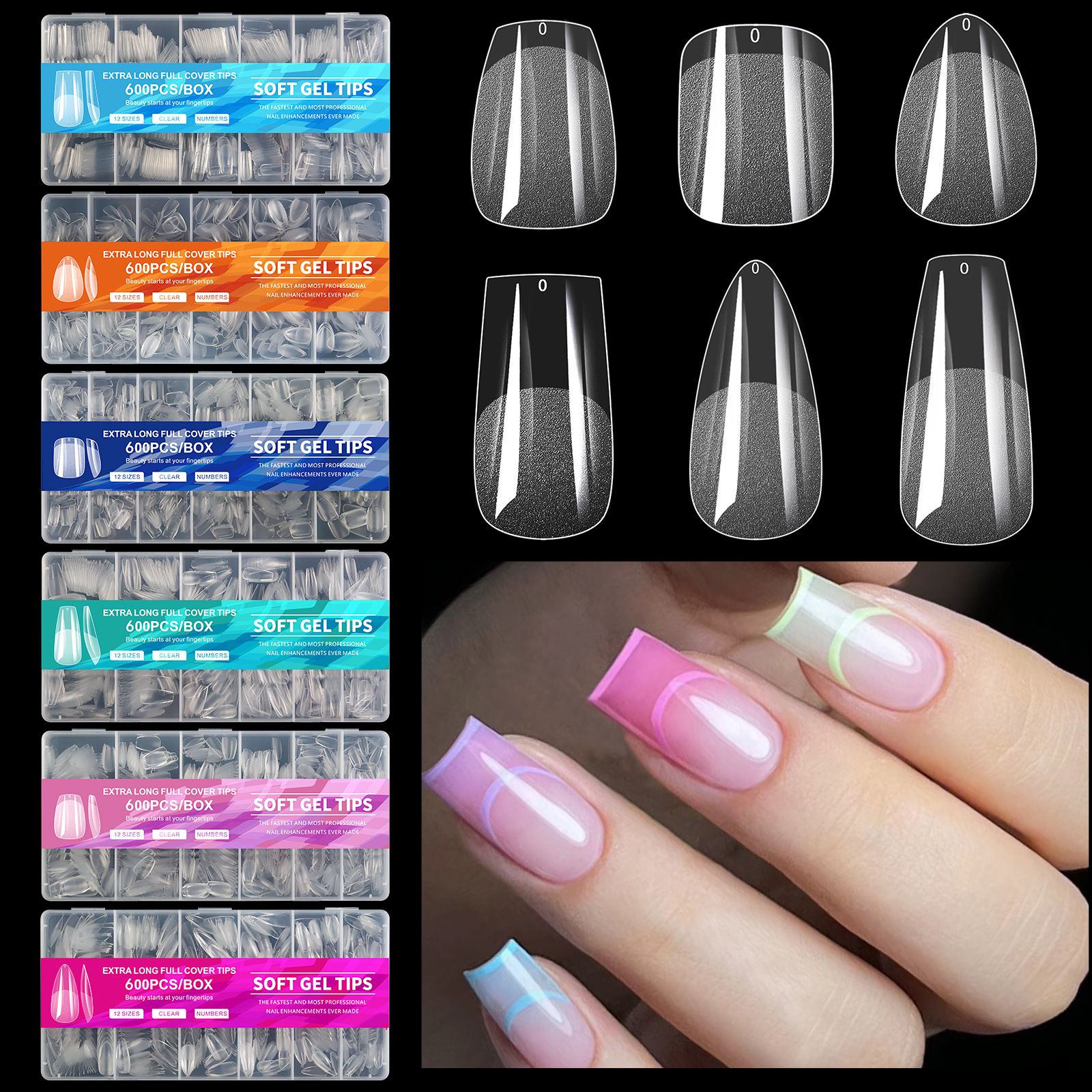 600pcs Gel Nail Tips Half Matte Clear Acrylic Nail Tips False Nail Tips for Nail Extension Manicure Tools for Nail Art Salon