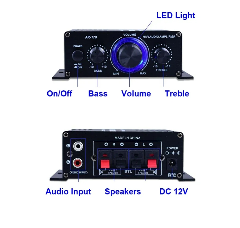 AK170 Mini Digital Power Audio Car Amplifier Blue Light Stereo Audio Amplifier for Home Theater Club Party Music 200Wx2 Power