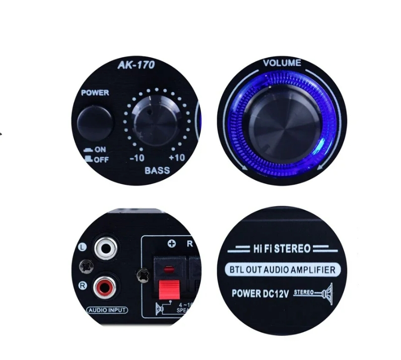 AK170 Mini Digital Power Audio Car Amplifier Blue Light Stereo Audio Amplifier for Home Theater Club Party Music 200Wx2 Power