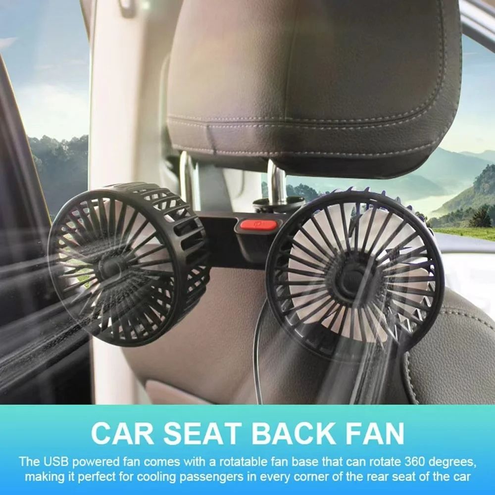 Car Seat Back Cooling Fan USB Charge Dual Head Fan 360 Degree Rotation Auto Headrest Ventilation Fan Car Interior Neck Cooler