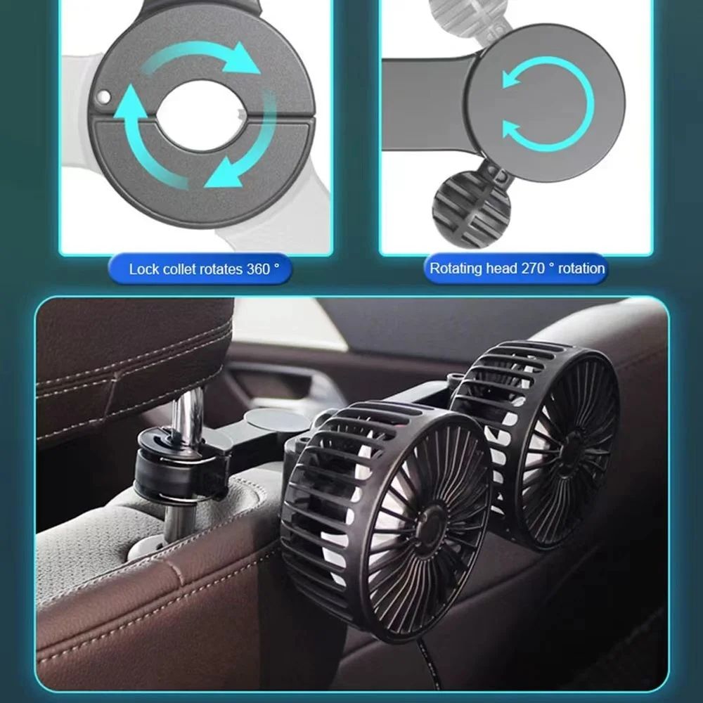 Car Seat Back Cooling Fan USB Charge Dual Head Fan 360 Degree Rotation Auto Headrest Ventilation Fan Car Interior Neck Cooler