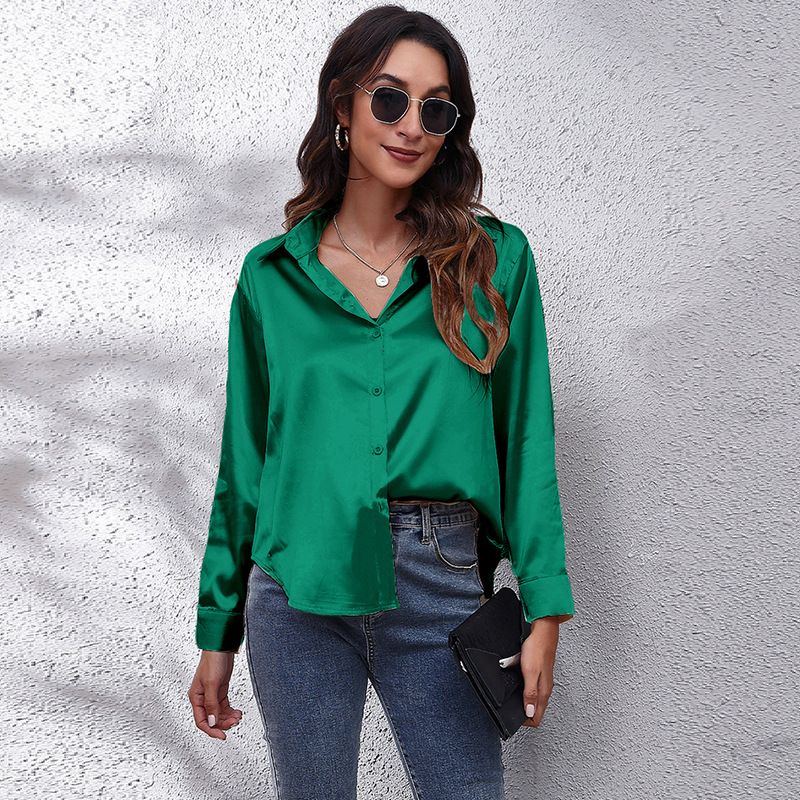 Spring Summer Satin Shirt Women V Neck Long Sleeve Office Shirt Blouses Ladies Black White Silk Loose Shirts For Women