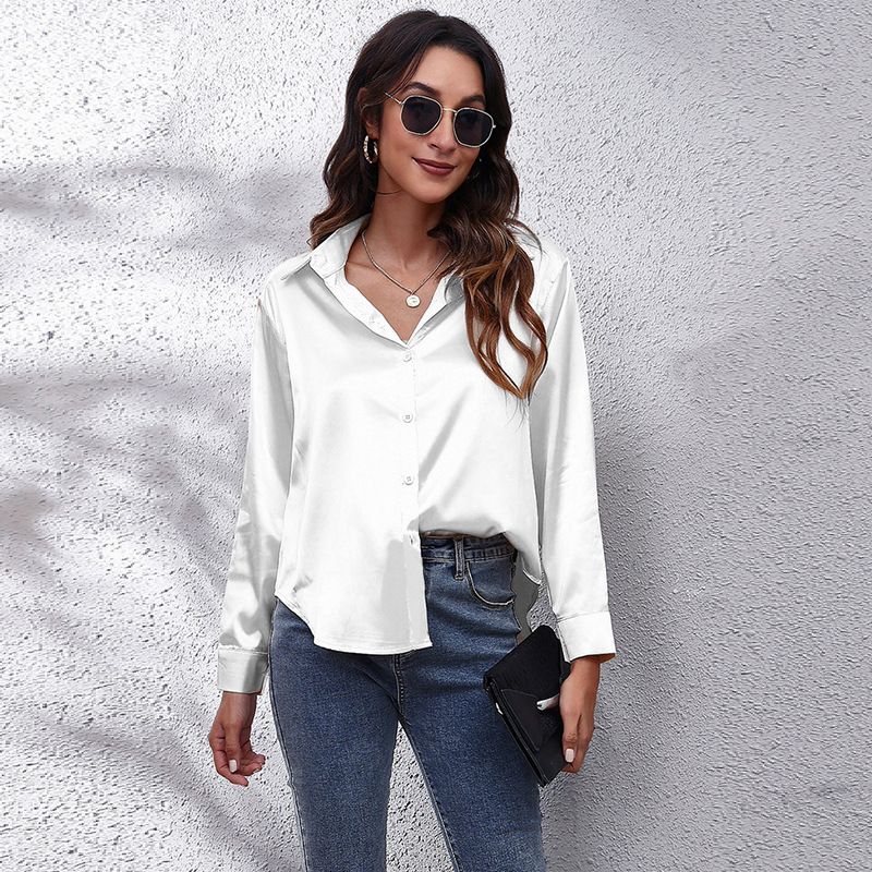 Spring Summer Satin Shirt Women V Neck Long Sleeve Office Shirt Blouses Ladies Black White Silk Loose Shirts For Women