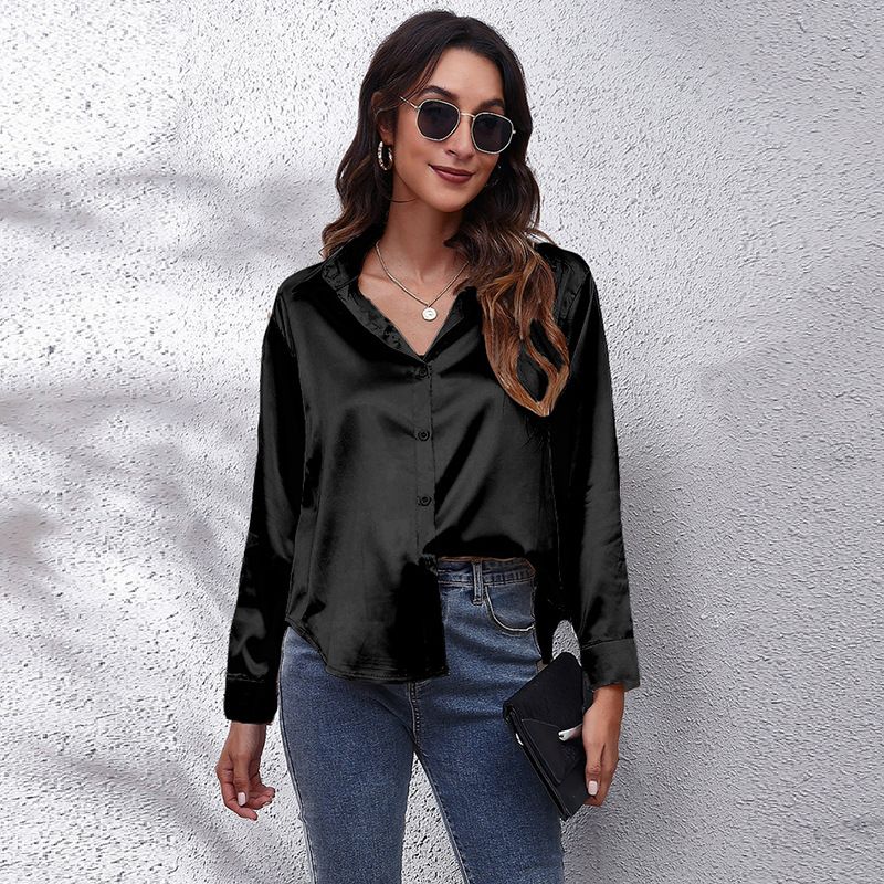 Spring Summer Satin Shirt Women V Neck Long Sleeve Office Shirt Blouses Ladies Black White Silk Loose Shirts For Women