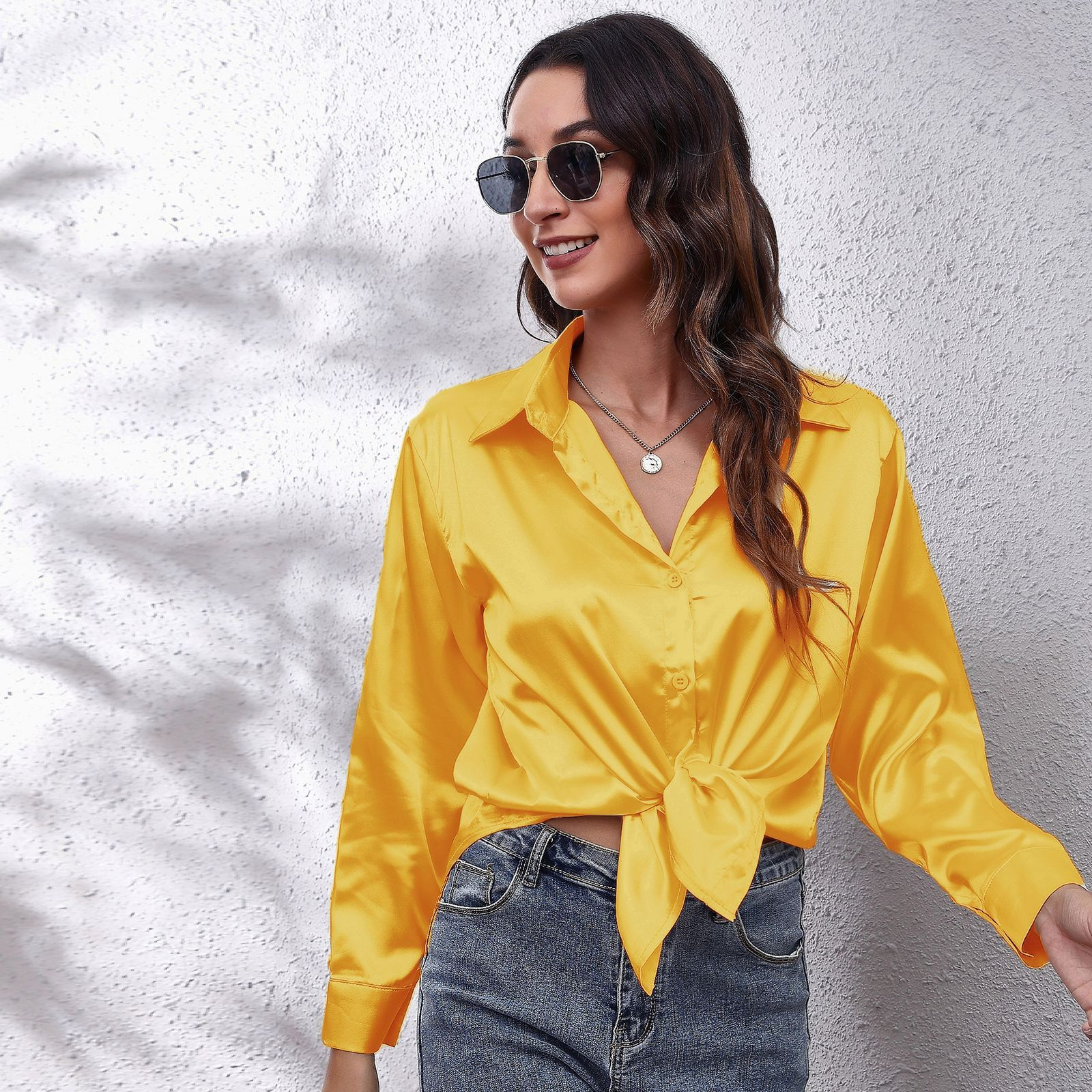 Spring Summer Satin Shirt Women V Neck Long Sleeve Office Shirt Blouses Ladies Black White Silk Loose Shirts For Women